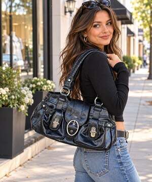 Y2K Black Faux Leather Shoulder Bag Silver Buckle Satchel Purse McBling